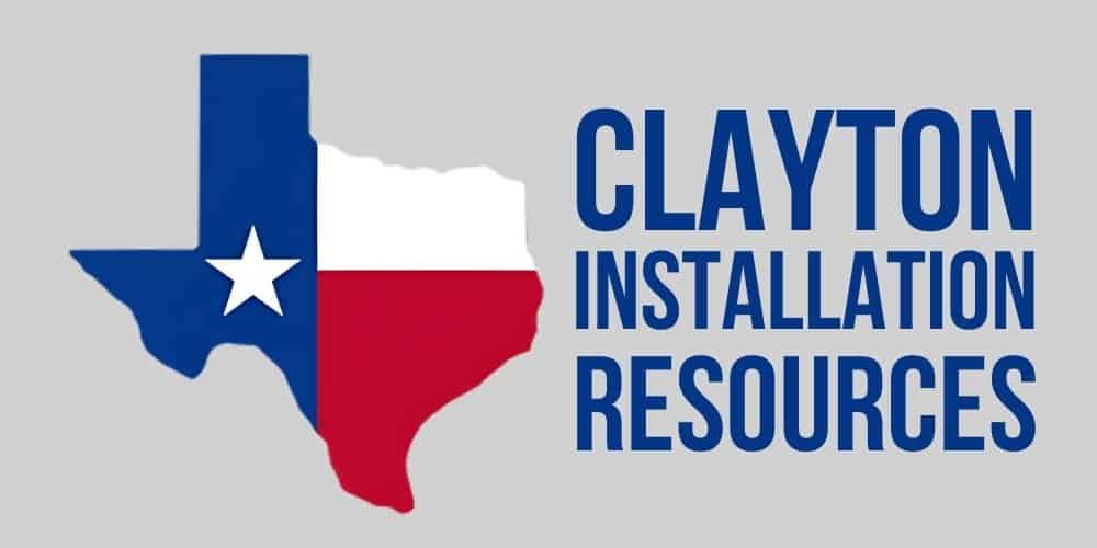 Clayton Installation Resources logo with the shape of Texas on the left filled in with the texas flag colors, and text on the right stacked