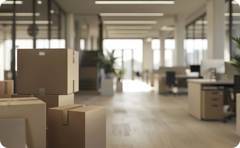 commercial building hallway with moving boxes