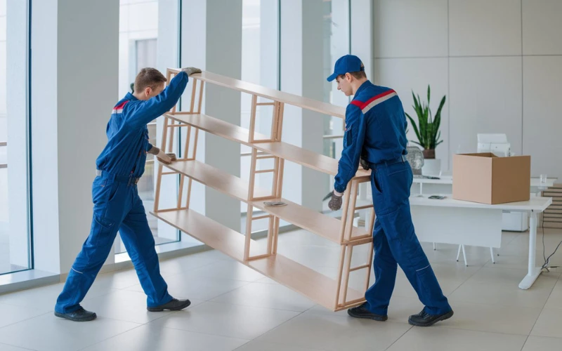 team members moving shelves in an executive office