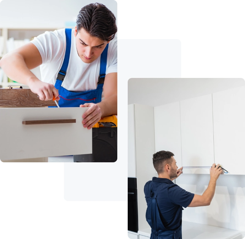 left image shows a logistics pro working on a drawer, and the right image shows another pro measuring cabinets