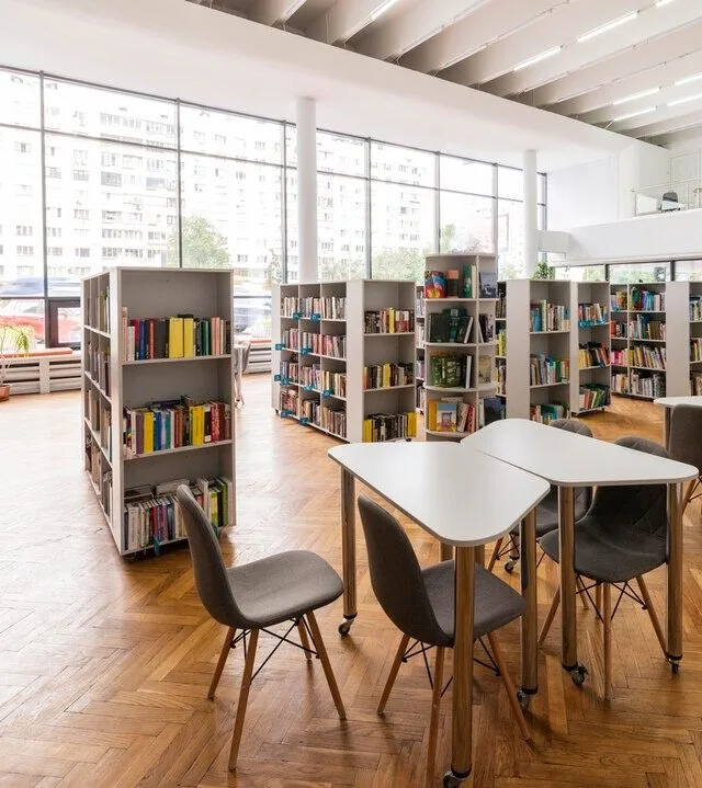 beautiful, empty library with big windows