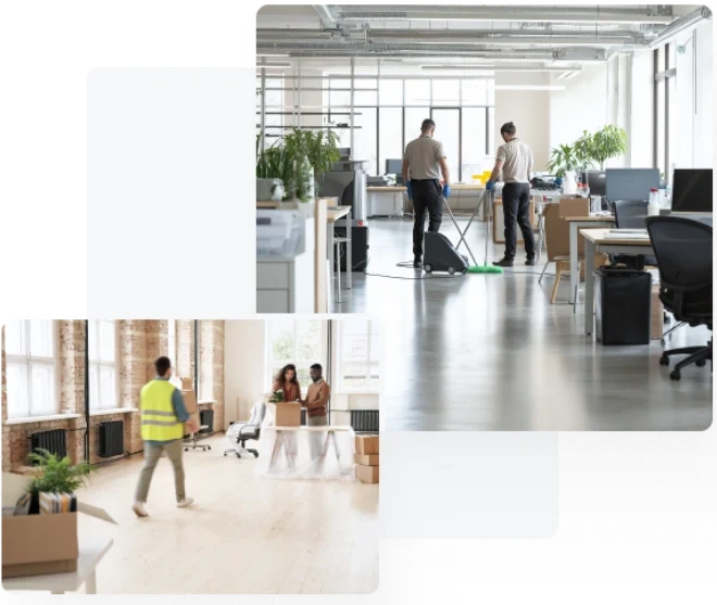 right image - Two workers cleaning an office space with desks and chairs. left image - A worker in a high-visibility vest supervises an office relocation with boxes and furniture being arranged in a spacious, well-lit area.