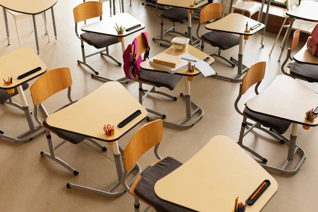 top down shot of desks at school